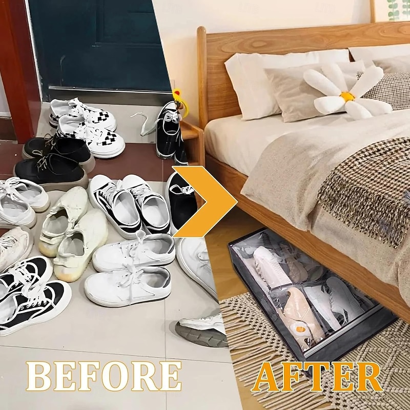 Shoe Storage Under Bed Fabric Folding Shoe Containers Under Bed Shoe Storage Organizer, Fits Total 6 Pairs, Underbed Shoes Storage with Clear4