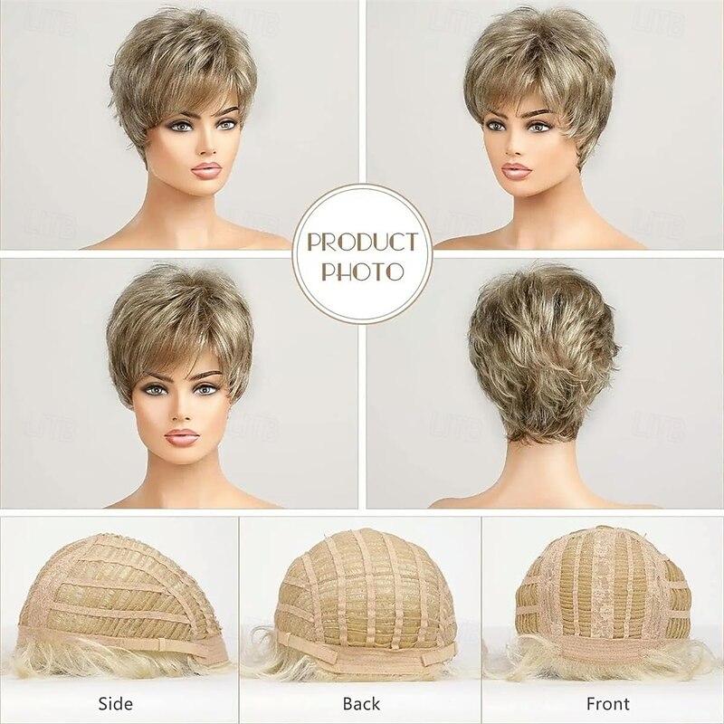 Light Blonde Mixed Off-White Short Pixie Cut Wigs for Women With Bangs Human-hair Like Texture Natural Layered Hair4