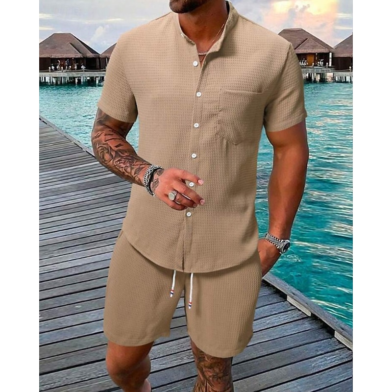 Men's Shirt Suits T-shirt Suits 2 Pieces Outfits Tee & Shorts Short Sleeve Standing Collar Summer Plain Fashion Casual 2 Piece Vacation Daily Wear Going out Black White Navy Blue Top Tee for Men4