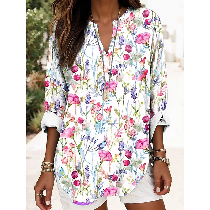 Women's Blouse Tunic V Neck Long Sleeve Boho Casual Tops Ombre Floral Graphic Elegant Stylish Romantic Regular Tops Daily Print White Light Green Pink Beige2
