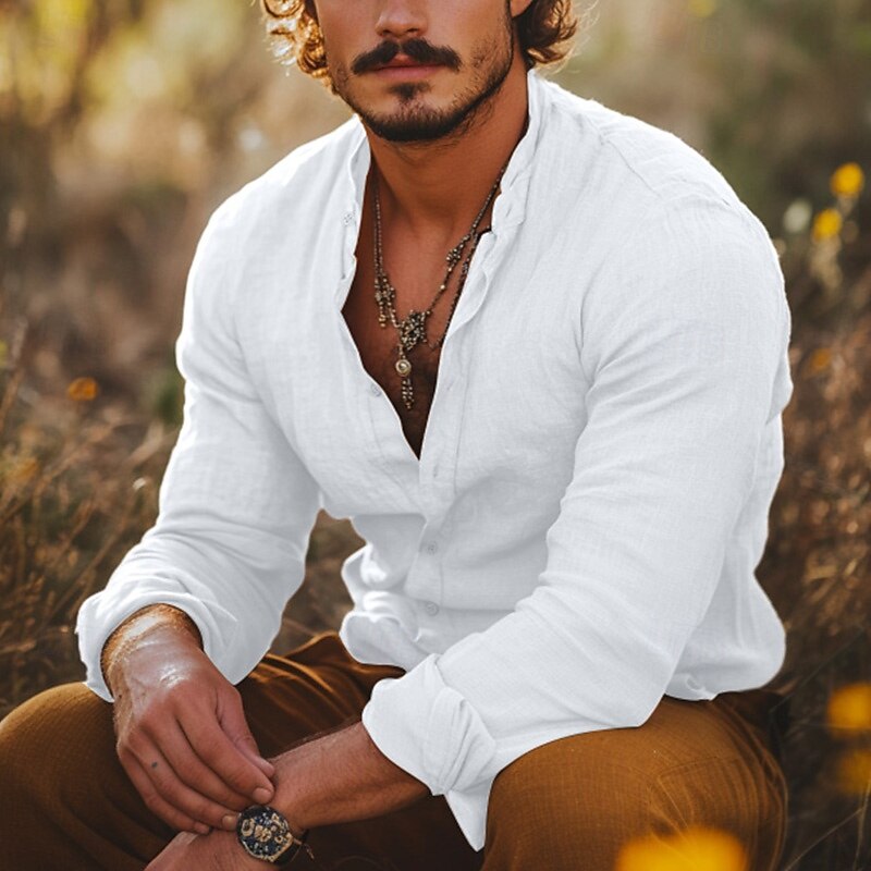 Men's Shirt Band Collar Shirt Summer Shirt Beach Wear Casual Shirt Button Up Shirt Plain Vacation Holiday White Sky Blue Green Khaki Long Sleeve Collar Clothing Apparel4