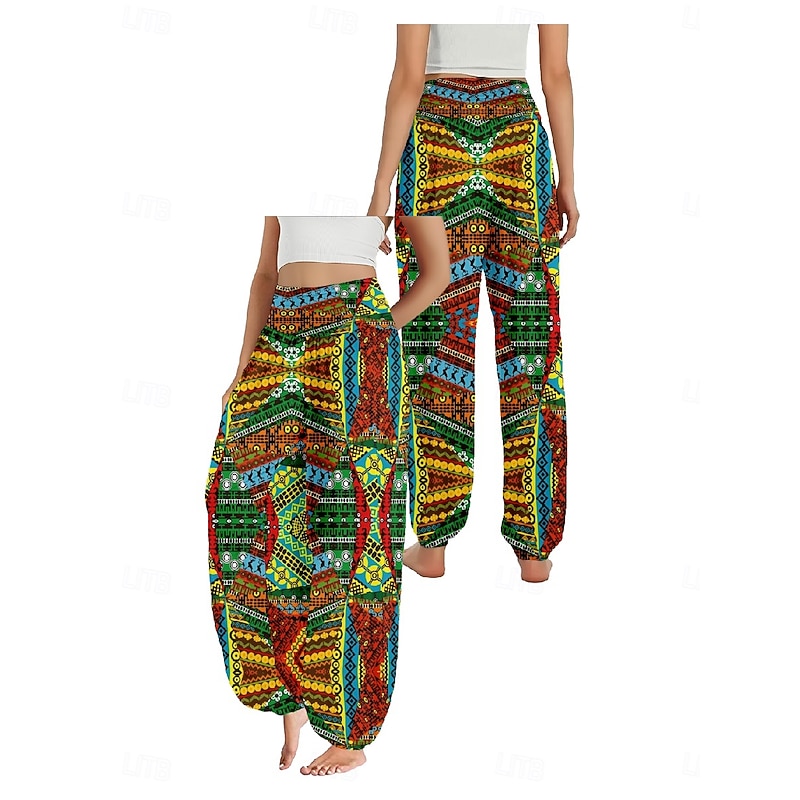 Women's Linen-Inspired Pants Wide Leg Pants Trousers Ethnic Style Casual Boho Full Length High Waist Floral Graphic Pocket Elastic Waist Printing Breathability Soft Micro-elastic Outdoor Yoga Blue3