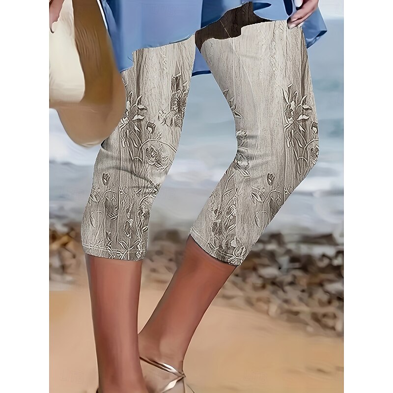 Women's Leggings Capri Pants 3D Print High Elasticity Vacation Vintage Fashion Calf-Length High Waist Floral Graphic Printing Breathable Soft Stretchy Formal Vacation Office Buff Pink Blue Amethyst4