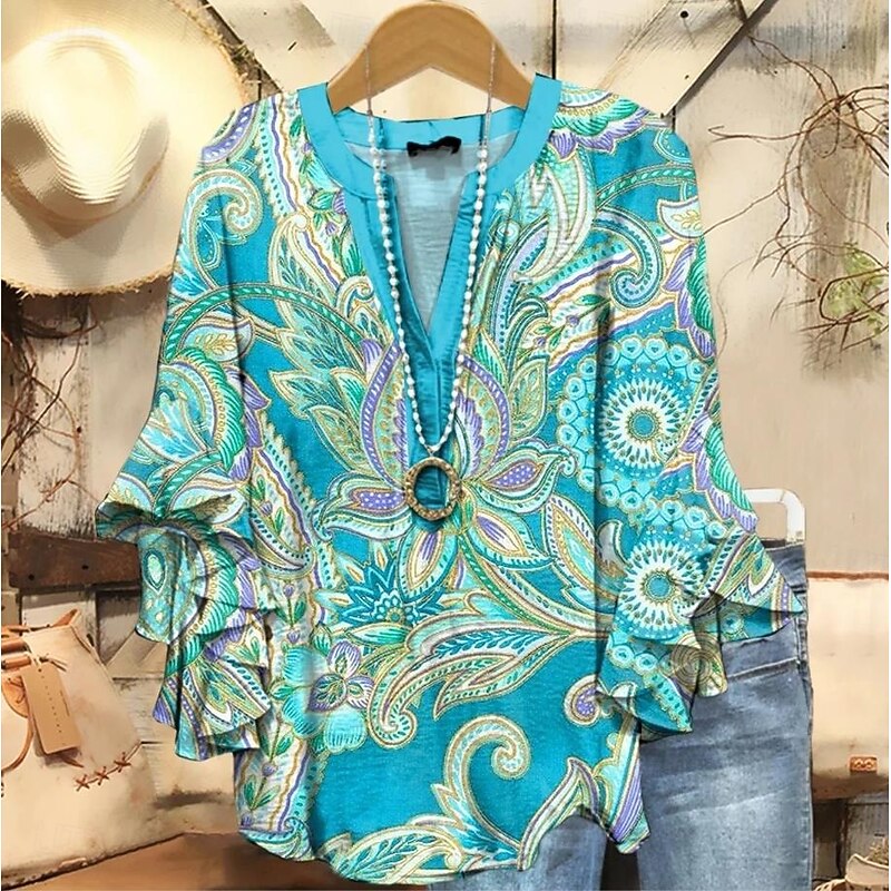 Women's Retro Blouse Layered Ruffle Sleeve Tops Vintage Floral Graphic Bohemia Vintage Daily 3/4 Length Sleeve Regular Tops Daily Holiday Vacation Wear Print Red Blue Beige Summer Spring Fall3