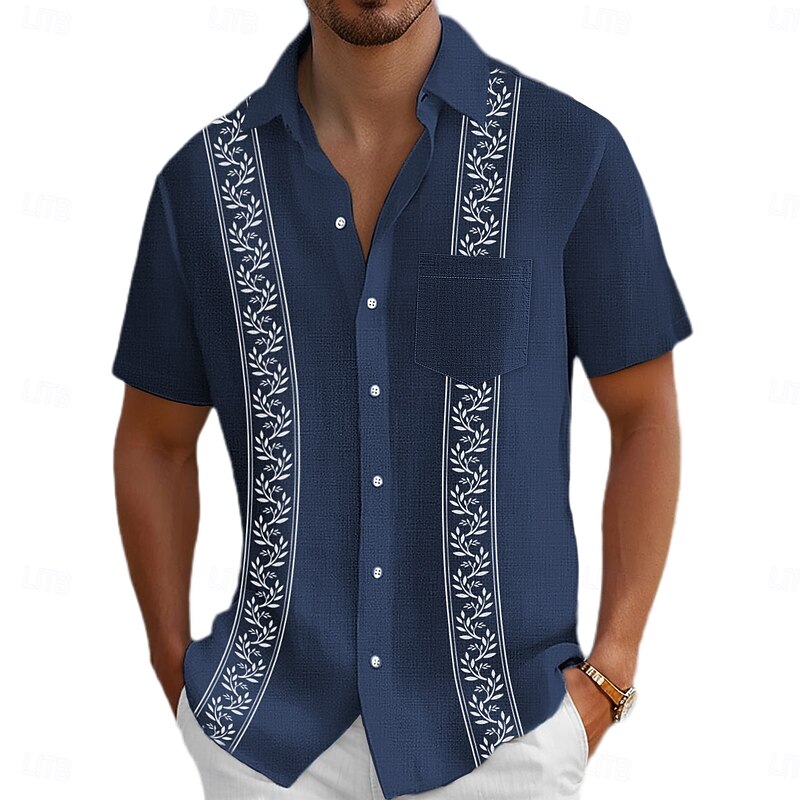 Men's Linen Shirt Guayabera Shirt Beach Wear Button Up Shirt Trees / Leaves Vacation Casual Navy Blue Short Sleeve Turndown Summer Spring Clothing Apparel2
