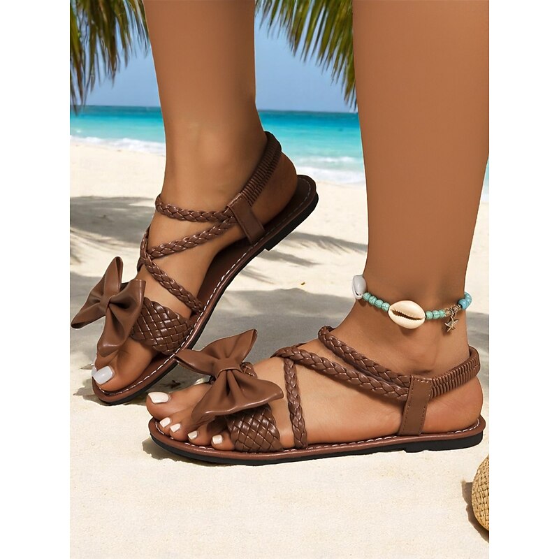 Women's Brown Braided Bow Flat Sandals – Boho Chic Open-Toe Slip-On Summer Shoes for Beach, Vacation & Casual Outings