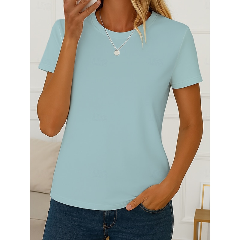 Women's T Shirt Solid Color Vintage Stylish Basic Short Sleeve Crew Neck Round Neck Regular Tops Daily Print White Light Green Gray Light Blue Summer Spring