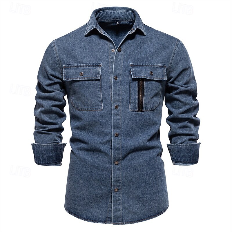 Men's Shirt Summer Shirt Casual Shirt Beach Shirt Button Up Shirt Black Dark Blue Light Blue Long Sleeve Plain Lapel Vacation Hawaiian Pocket Clothing Apparel 100% Cotton Fashion Casual Comfortable