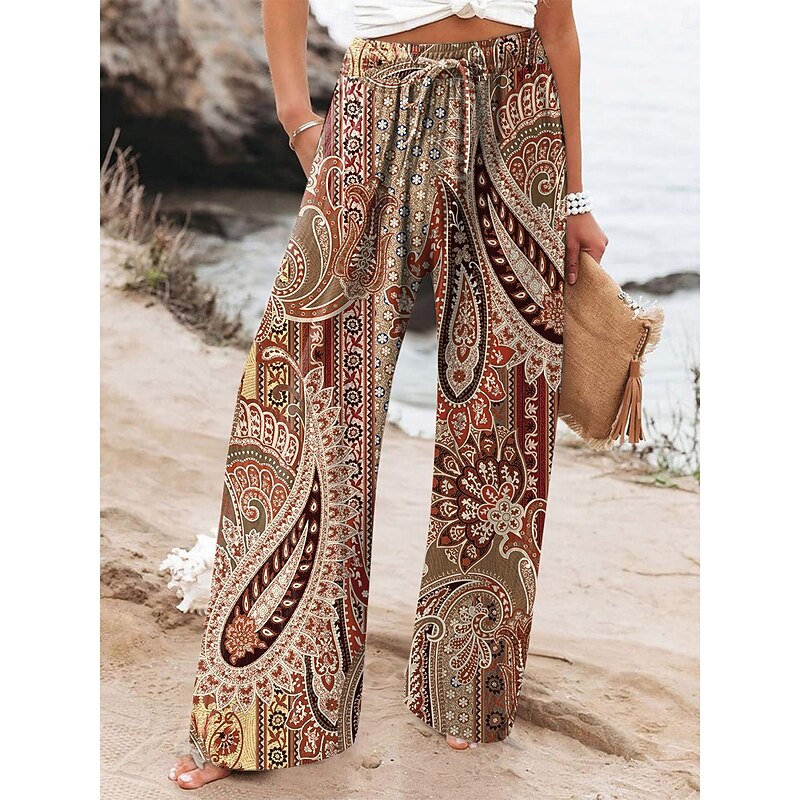 Women's Wide Leg Chinos Baggy Pants Vacation Vintage Fashion Full Length High Waist Graphic Printing Thermal Warm Soft Breathable Micro-elastic Vacation Street Causal rice white Robin's Egg Blue Brown2