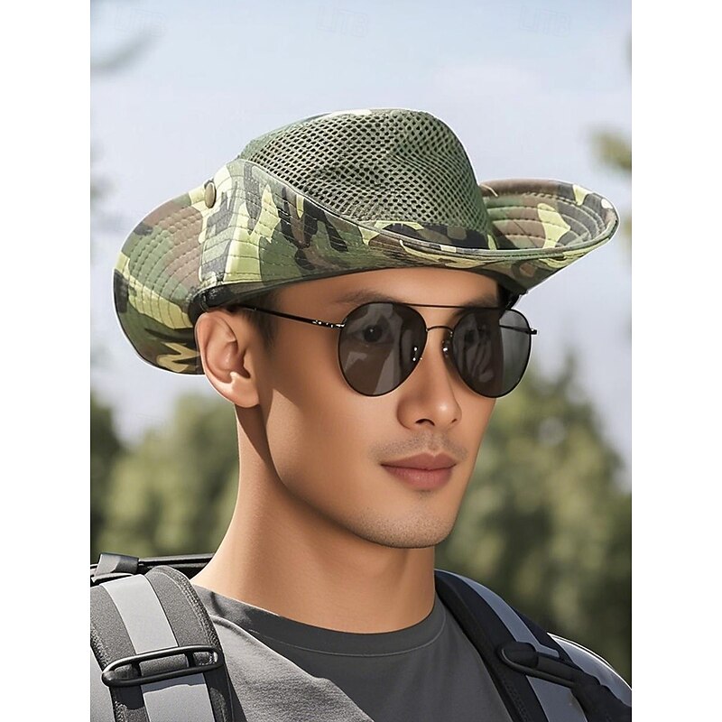 Men's Camouflage Mesh Sun Hat with Wide Brim and Chin Strap – Breathable Outdoor Hiking Fishing Hat for Summer Travel and Camping2