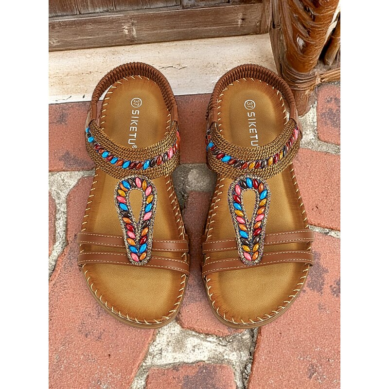 Women's Brown Beaded T-Strap Flat Sandals – Boho Ethnic Style Summer Shoes for Casual Outings, Travel, and Beach Vacations4