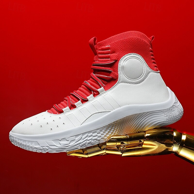Men's Red and White High-Top Basketball Sneakers with Shock Absorption – Premium Comfort and Durability for Athletic Performance2