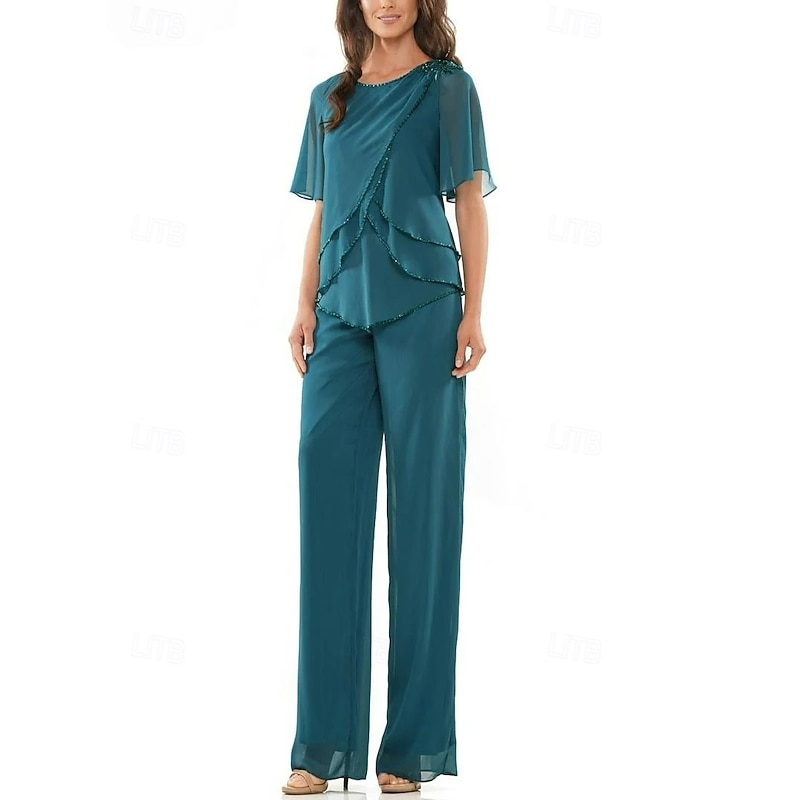 Two Piece Pantsuit Mother of the Bride Dress Elegant Crew Neck Floor Length Chiffon Short Sleeve with Lace Embroidery Cascading Ruffles4