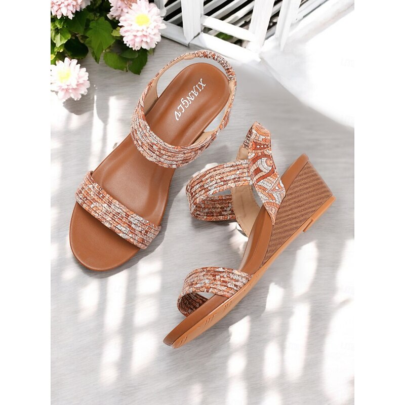Women's Boho Wedge Sandals – Elastic Slingback Open Toe Shoes with Textured Fabric Straps, Casual Summer Heels for Daily Wear and Beach Vacations4