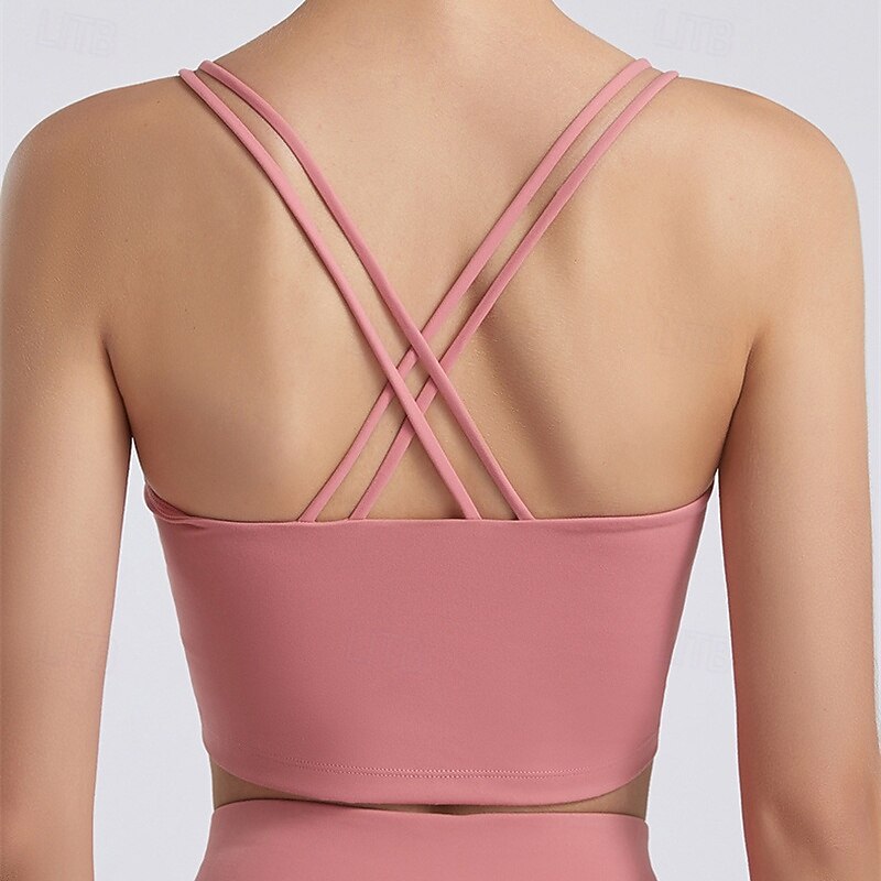 Women's Sports Bra Crew Neck Quick Dry Breathable Short Sleeve Sports Solid Color Crisscross Back Top For Gym Workout Dance Pickleball Activewear4