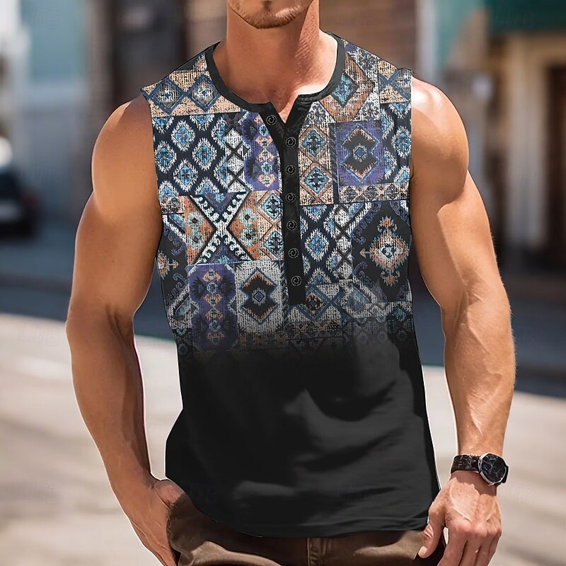 Men's Floral Vintage Tank Top Henley Shirt Sleeveless Vintage Fashion Designer Outdoor Casual Daily Summer Spring &  Fall White Blue White Blue Black Green+Black Henley Henley T-Shirt4