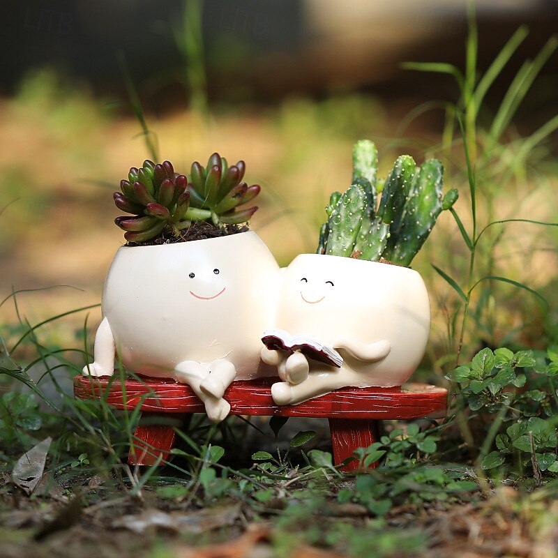 Planter Pots Resin Figurine for Succulent, Mother and Daughter Reading Design, Creative Home Garden Decor, Cute Mini Plant Pot, Indoor Outdoor Succulent Planter Ornament