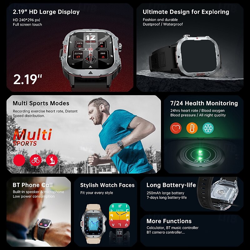 696 C30PRO Smart Watch 2.19 inch Smartwatch Fitness Running Watch Bluetooth Pedometer Call Reminder Sleep Tracker Compatible with Android iOS Men Hands-Free Calls Message Reminder IP 67 49mm Watch2