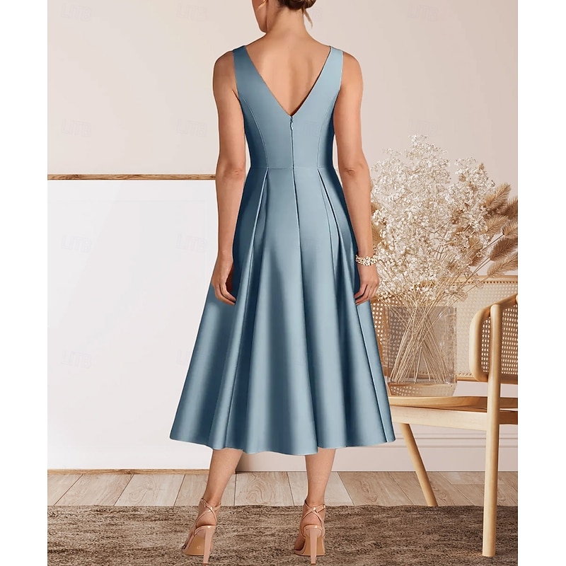 A-Line Cocktail Dresses Elegant Dress Homecoming Cocktail Party Tea Length Sleeveless Crew Neck Satin with Pleats2