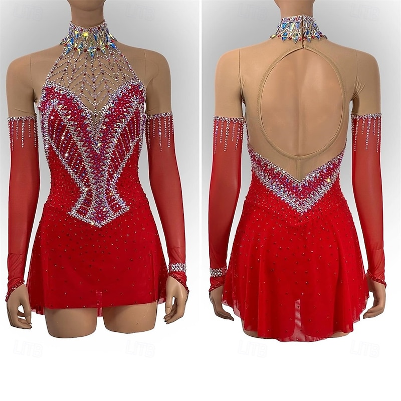 Figure Skating Dress Women's Girls' Ice Skating Dress Red Patchwork Open Back Mesh High Elasticity Training Competition Skating Wear Classic Crystal / Rhinestone Long Sleeve Ice Skating Figure Skating