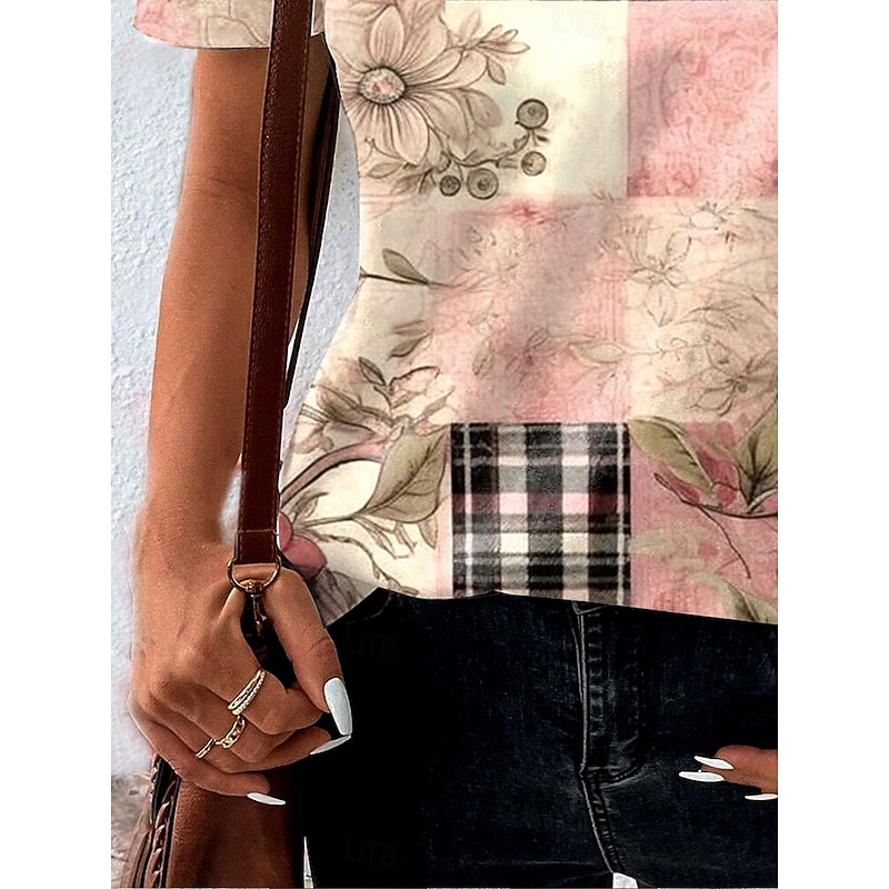 Women's T Shirt Floral Graphic Geometric Casual Short Sleeve Crew Neck Round Neck Regular Tops Daily Print Pink Summer3