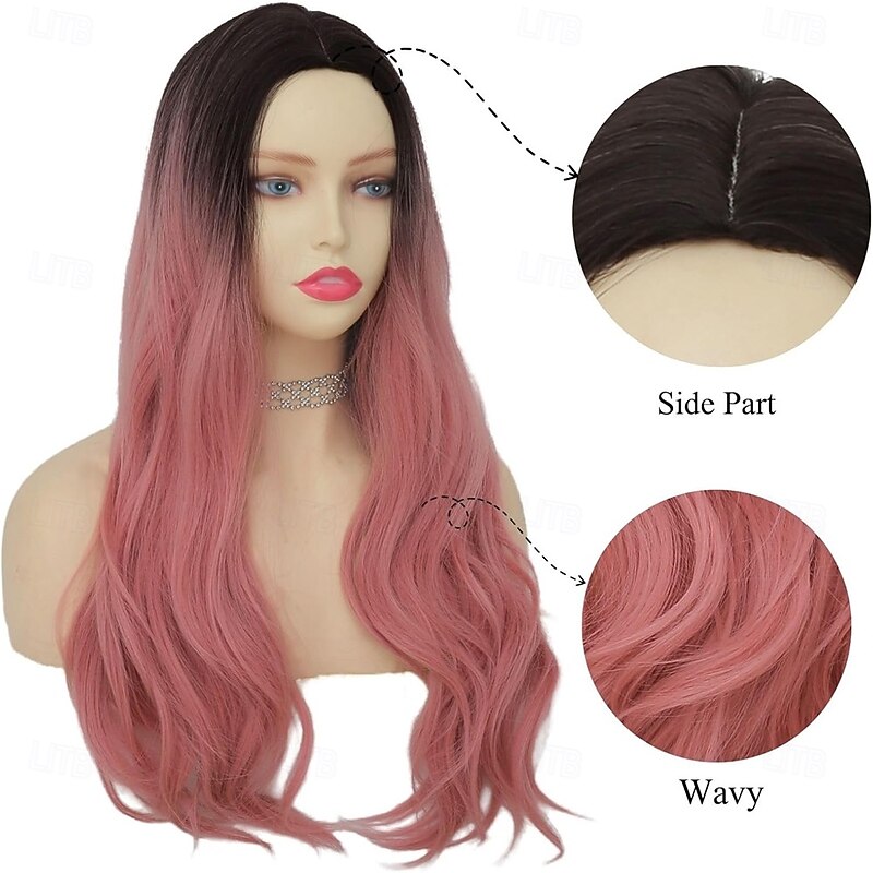 Pink Curly Wigs for Women Dark Rooot Long Wavy Middle Part Hair Wig Synthetic Heat Resistant Fiber Cosplay Halloween Wig3