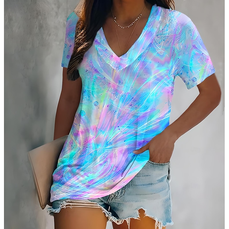 Women's T Shirt Summer Tops Tie Dye Casual Sleeveless Short Sleeve V Neck Regular Tops Daily Print Blue Purple Fuchsia Light Blue Summer Spring3