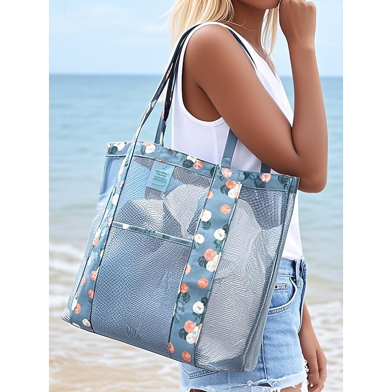 Women's Floral Mesh Beach Tote Bag – Large Waterproof Summer Shoulder Bag with Pockets, Lightweight and Breathable for Vacation, Pool and Travel Wine Green Dark Blue4