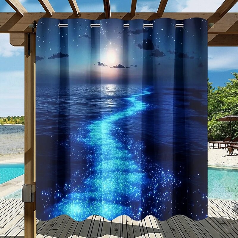 Waterproof Outdoor Curtain Privacy, Sliding Patio Curtain Drapes, Pergola Curtains Grommet 3D Ocean Twinkling Landscape For Gazebo, Balcony, Porch, Party, 1 Panel2