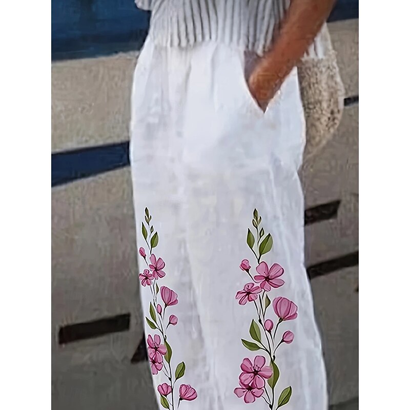 Women's Cotton Linen Pants Baggy Pants Linen Like Beach Shorts Vacation Vintage Fashion Full Length High Waist Floral Graphic Butterfly Printing Thermal Warm Breathable Soft Micro-elastic Formal2