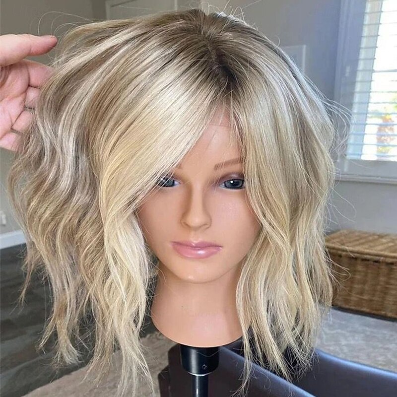 Short 100% VirginRemy Human Hair 5x5 Closure 13x4 Lace Front Wig Layered Haircut Brazilian Hair Wavy Blonde Wig Highlighted Colored Hair Natural Hairline Glueless For Women2