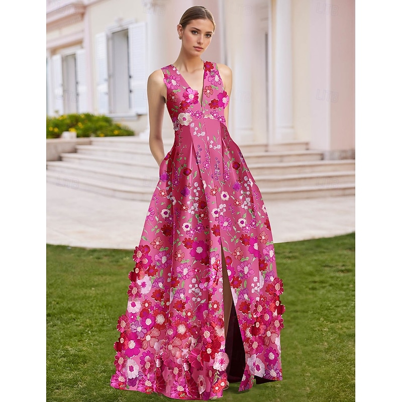 Embroidered Floral A-Line Evening Gown Elegant Dress Formal Gown Wedding Guest Floor Length Sleeveless V Neck Satin with Appliques
