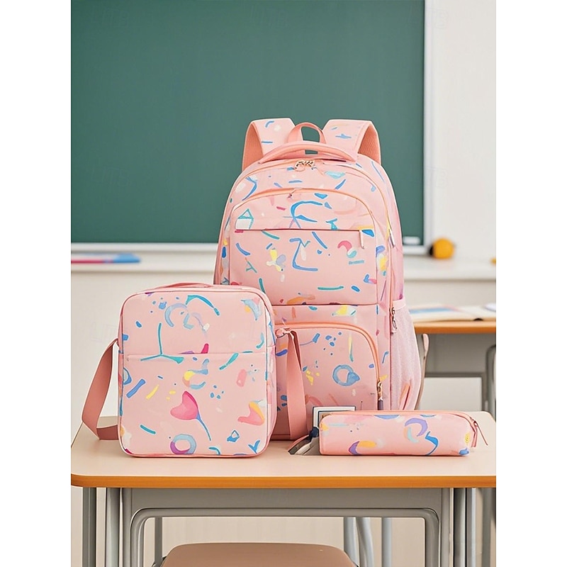 3-Piece School Backpack Set for Boys and Girls – Abstract Print Bookbag with Lunch Bag and Pencil Case, Durable and Lightweight for Elementary and Middle School