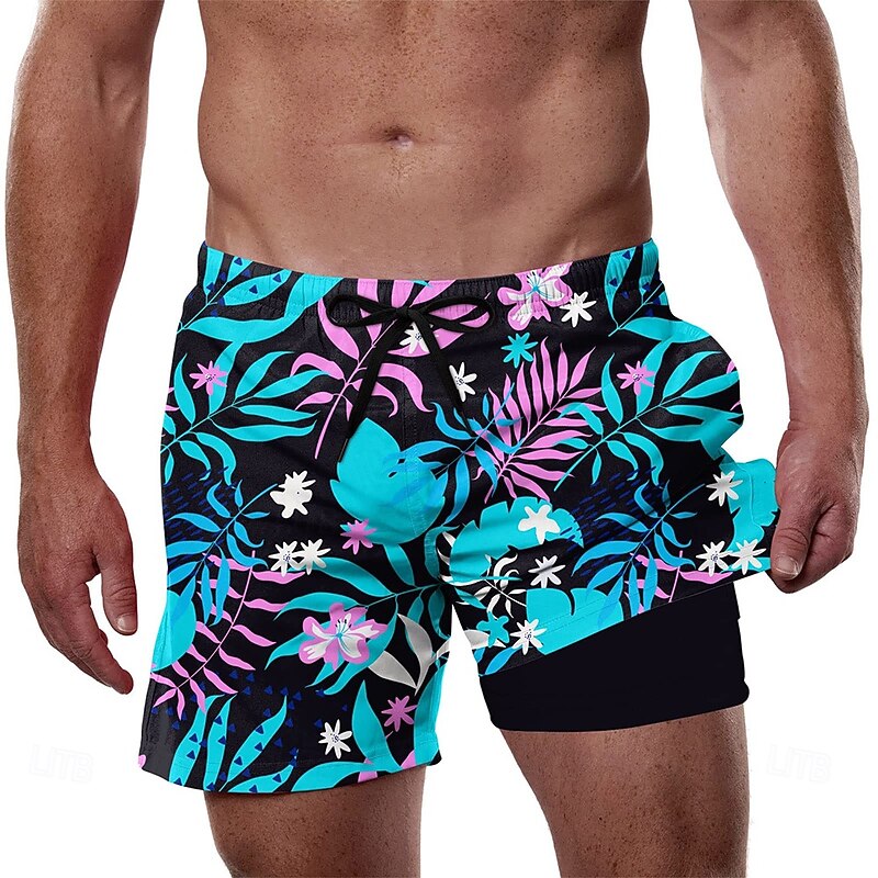 Men's Palm Leaf Tropical Plants Lined Shorts 2 in 1 Board Shorts Swim Shorts Mid Waist Hawaiian Vacation Beach Wear Side Pockets With Compression Liner Elastic Drawstring Waist Designer Clothing3