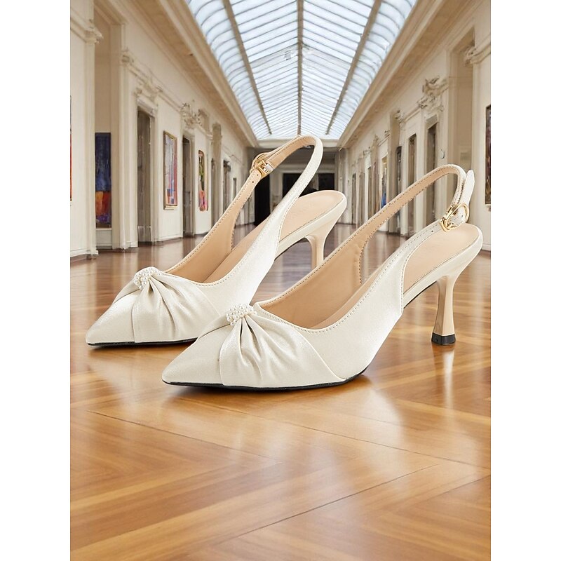 Women's Ivory Pointed Toe Slingback Kitten Heels with Pearl Embellishment – Elegant Satin Wedding Shoes for Romantic Dates and Garden Parties3