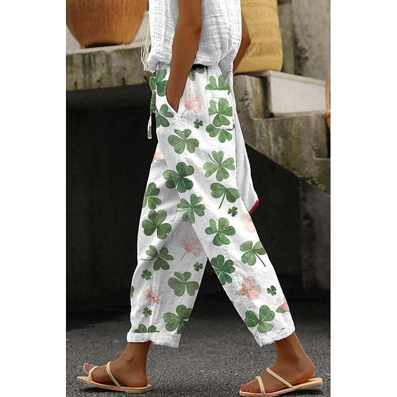 Women's Cotton Linen Pants Slacks Fashion Full Length Natural Floral Pocket Printing Elastic Drawstring Design Comfy Outdoor Comfortable Outdoor Vacation Going out Light Sky Blue Black Light Green3