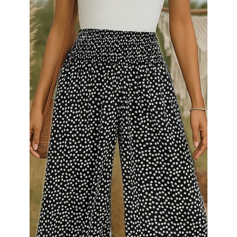Women's Wide Leg Pants Trousers Bohemian Boho Long High Waist Polka Dot Printing Elastic Drawstring Design High Cut Breathability Soft Micro-elastic Vacation Holiday Casual Daily Black Summer Regular3