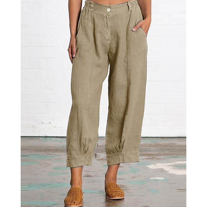 Women's Cotton Linen Pants Slacks Streetwear Casual Ankle-Length Natural Plain Pocket Elastic Waist Buckle Comfy Comfortable Outdoor Vacation Street Rust Grey Army Green Dark navy Summer Regular Fit