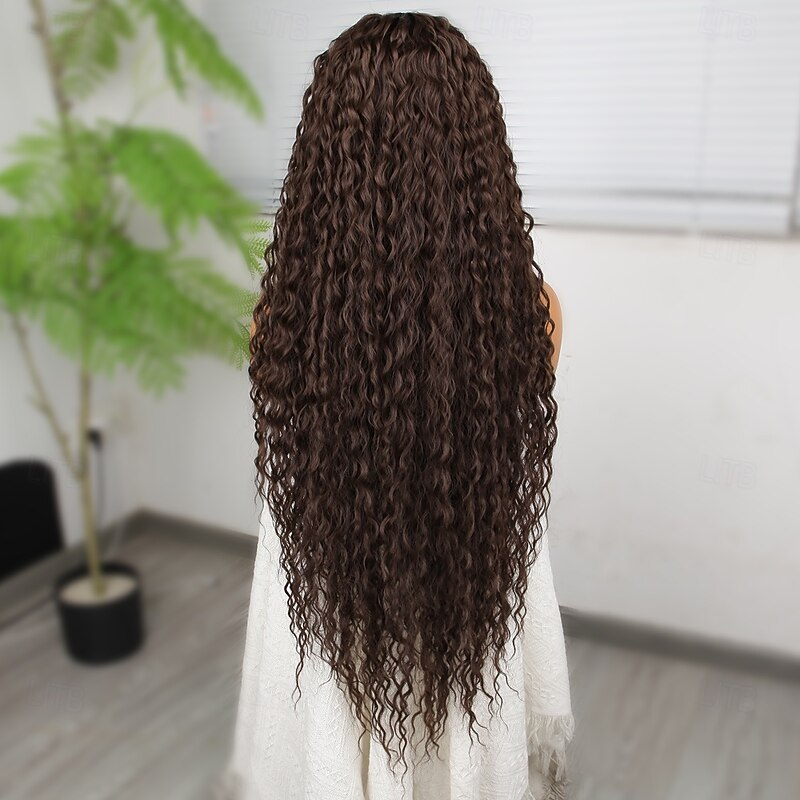 Synthetic Lace Wig Deep Curly Style 32 inch Pink Middle Part 13x4x1 T Part Lace Front Wig Women's Wig Dark Brown4
