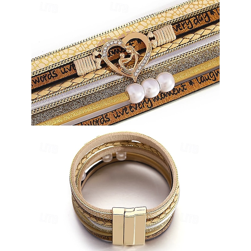 Women's Magnetic Faux Leather Bracelet – Heart & Pearl Charm Alloy Cuff with Inspirational Text, Boho Style Fashion Jewelry Gift for Mom, Suitable for Mother's Day, Birthdays and Casual Outfits4