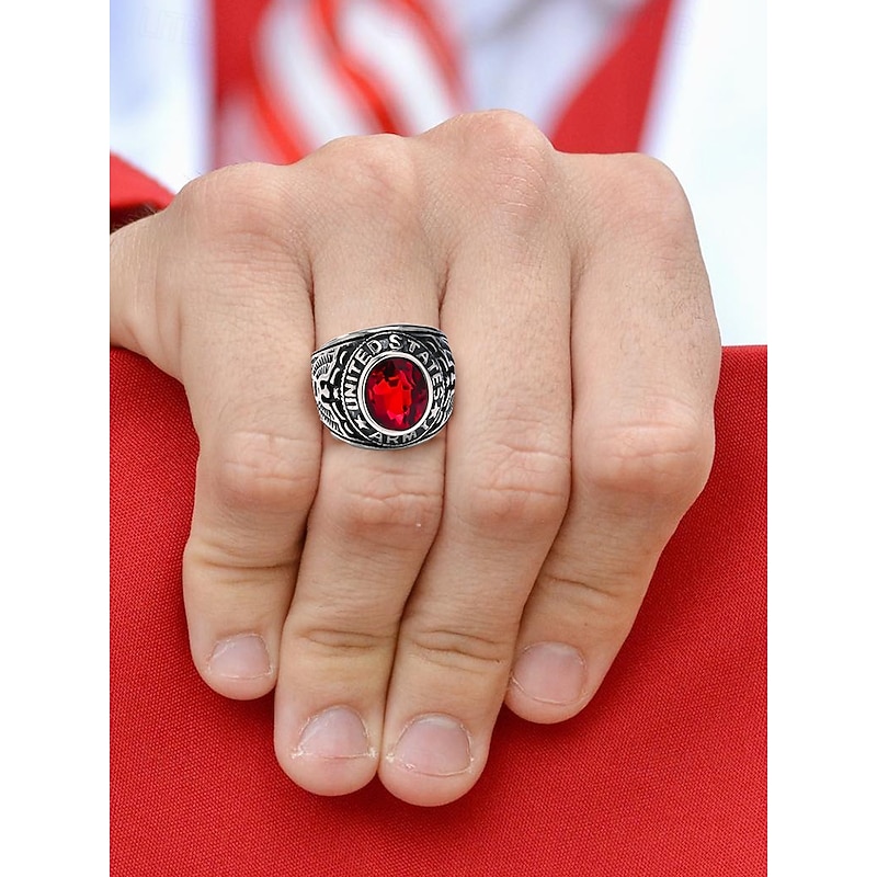 Men's Vintage Army Ring with Emerald Green Gemstone – Antique Silver Military Style Statement Ring for Veterans and Collectors3