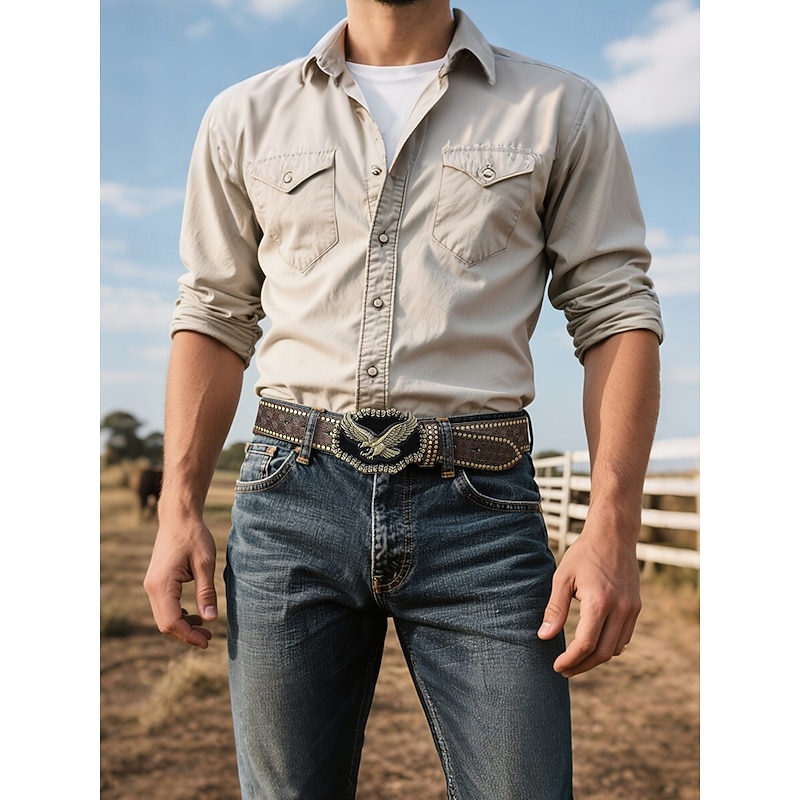 Men's Western Style Leather Belt with Eagle Buckle – Vintage Embossed Design with Rivets, Ideal for Casual and Country Wear2