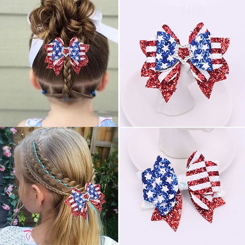 2 Pcs 4th of July Patriotic Hair Bows Alligator Clip Girls Glitter Sparkly Red White Blue Sequin Cheer Barrettes Hairpins Kids Independence Day Xmas Party outfit Decor Accessories Gift3
