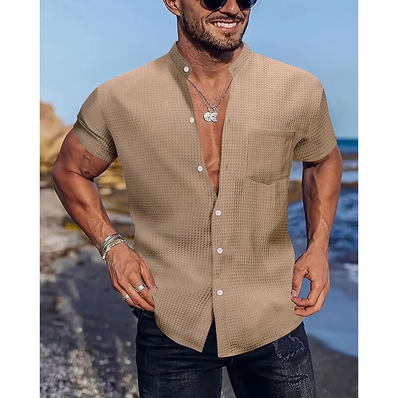 Men's Shirt Summer Shirt Casual Shirt Beach Shirt Button Up Shirt Black White Dark Navy Sky Blue khaki Short Sleeve Plain Grandad Collar Henley Vacation Hawaiian Clothing Apparel Polyester Fashion4