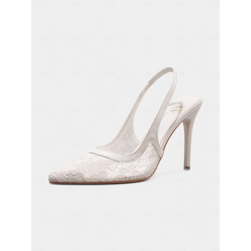 Women's White Lace Slingback Stiletto Heels – Romantic Mesh Bridal Shoes for Garden Weddings and Date Occasions3