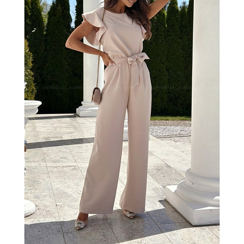 Women's Normal Jumpsuit Streetwear Solid Color Sleeveless Straight Crew Neck Ruffle Street Daily Regular Fit Black Red Apricot Summer4