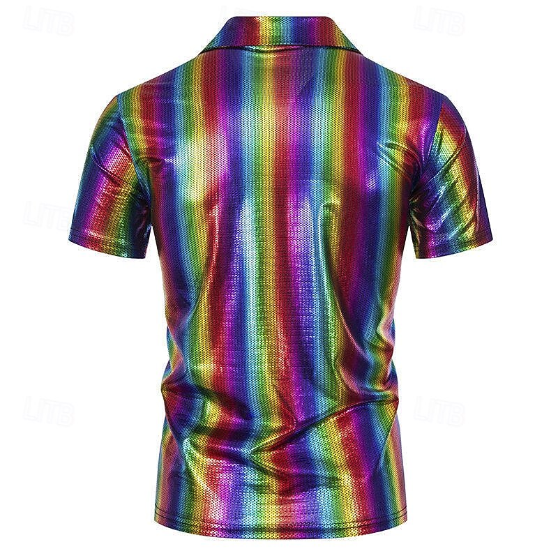 Retro Vintage 1980s T-shirt Polo Shirt Disco Shiny Latex Patent Metallic Rainbow Fancy Dress Men's Halloween Carnival Pride Parade Pride Month Adults T-shirt Summer3