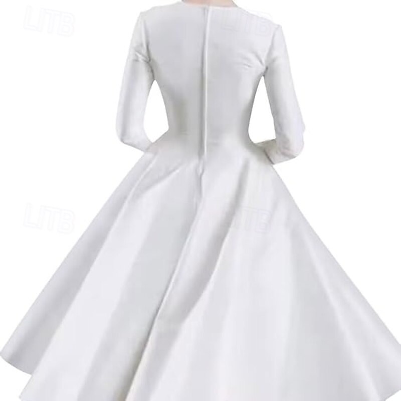 Ball Gown Cocktail Dresses Cute Dress Wedding Tea Length Long Sleeve Jewel Neck Fall Wedding Guest Satin with Pleats Pure Color Dresses4