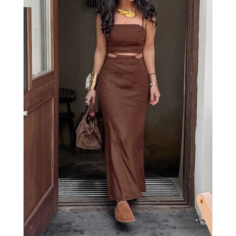 Women's Fashion Streetwear Cotton Linen Sets Skirt Sets Sleeveless Strap Plain Backless Holiday Weekend Brown Summer Regular Fit
