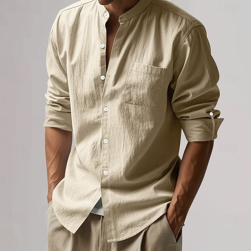 Men's Cotton Linen Shirt Plain Vacation Black White Khaki Dark Gray Long Sleeve Grandad Collar Clothing Apparel Pocket